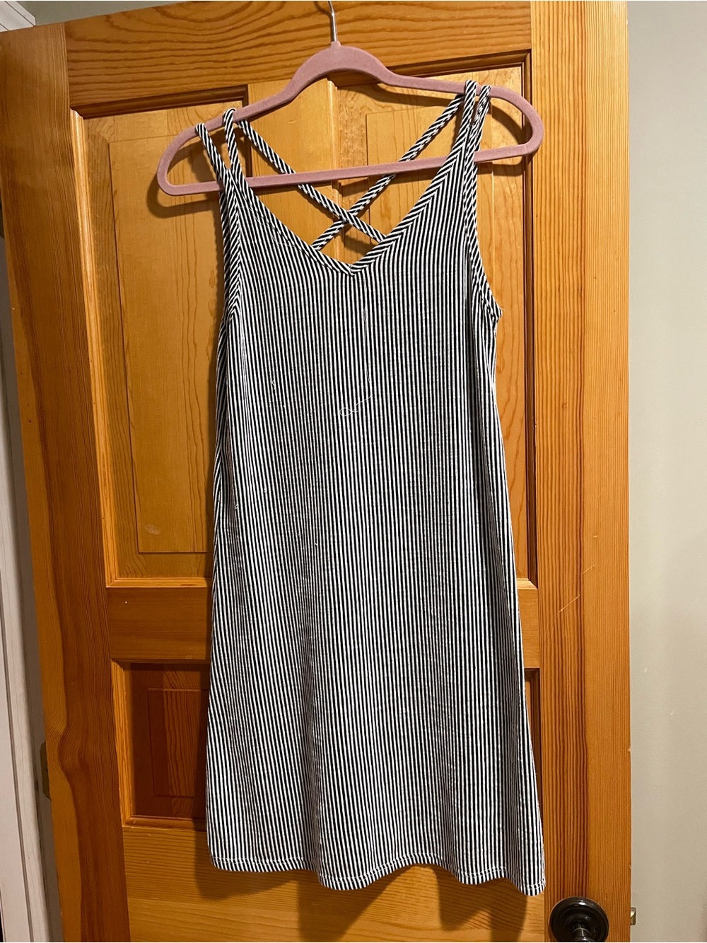 new directions Black and White Striped Crisscross-Back Midi Dress